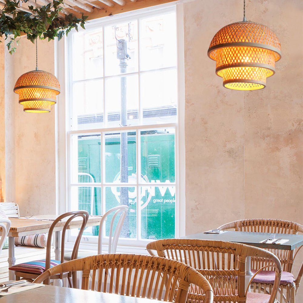 Smuk håndlavet bambus loftslampe | Justerbar længde 150 cm | Naturligt organisk design | Lyskilde E27 ikke inkluderet | 110V-120V | Perfekt til