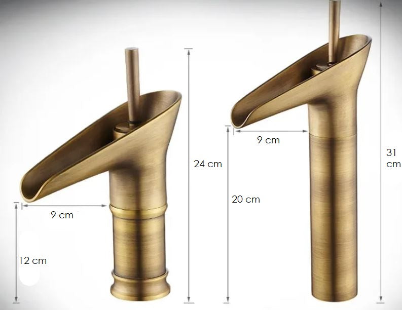 Antik Vandfaldsarmatur | Messing Finish | Luksuriøst Baddesign | Holdbart Materiale | Nem Installation | Klassisk Udseende | Perfekt til Badeværelsesvask | Elegant Vandstrøm | Høj Kvalitet