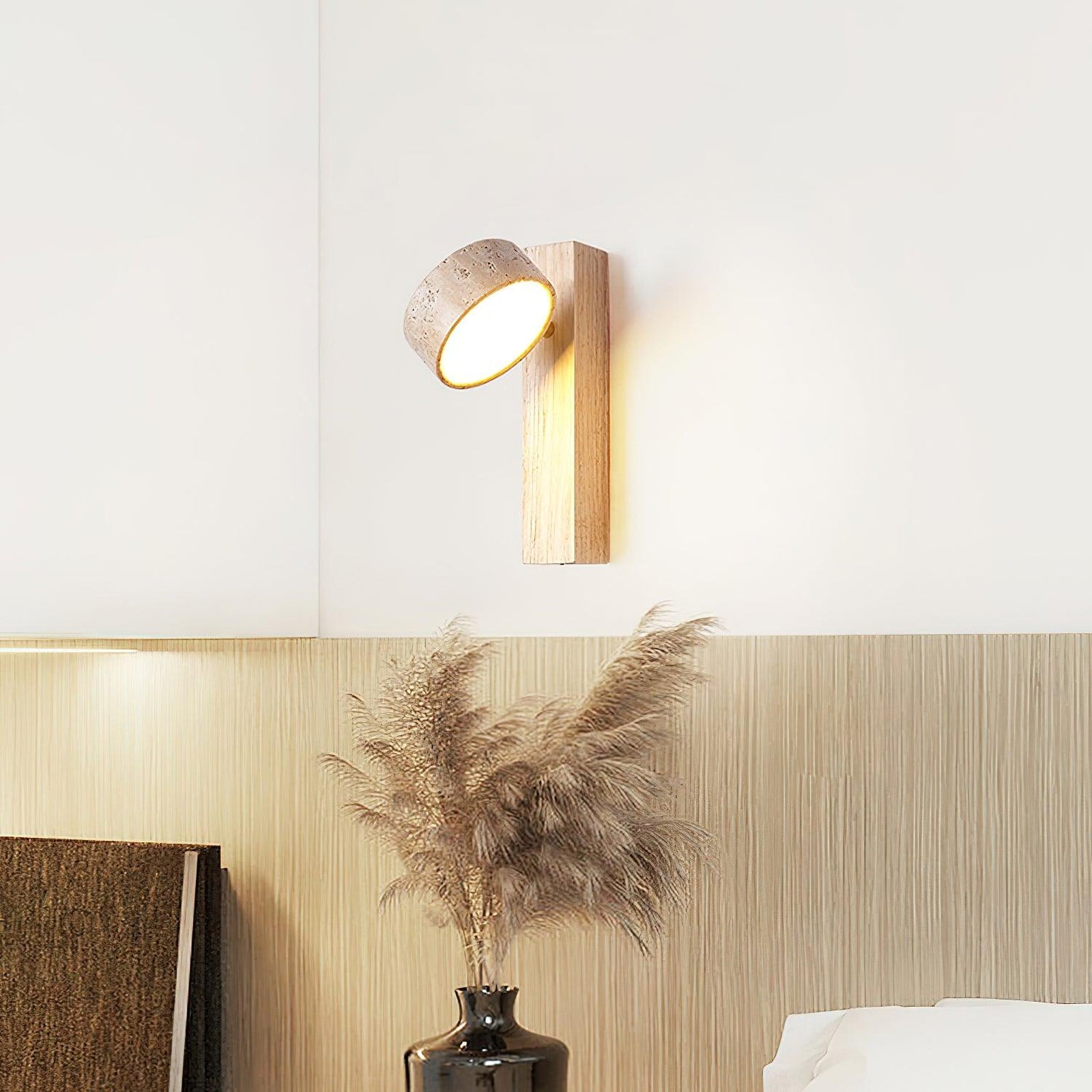 LumenAisle Væglampe | Minimalistisk Wabi-Sabi Inspiration | Naturligt Travertin & Træ | Energibesparende LED | Elegant Japansk Design | Beroligende Belysning Til Hjemmet | Nem Montering