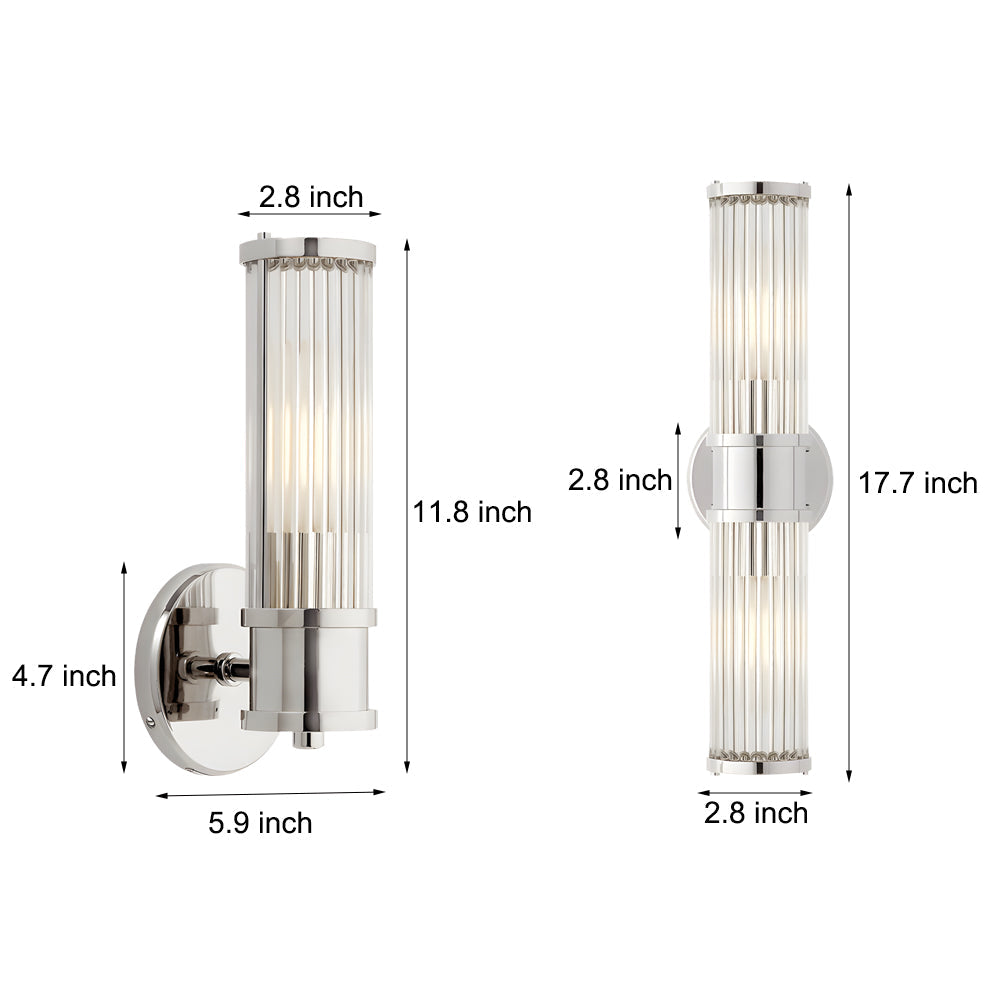 Modern vägglampa i järn | Cylinderformad glasskärm | Krom/guldfinish | 1/2-ljus LED | 3000K varmt ljus | Inomhusbelysning | E14-sockel | Väggmontering | 7 cm x 30/45 cm | Elegant belysning för hemmet