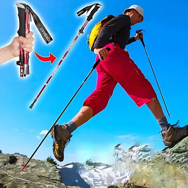 Justerbar let aluminiums stav | Foldbar & bærbar konstruktion | Forbedret støtte til alle terræner | Kompakt opbevaring | Ideel til trekking, rejser & udendørs eventyr | Udendørs greb & balance stav