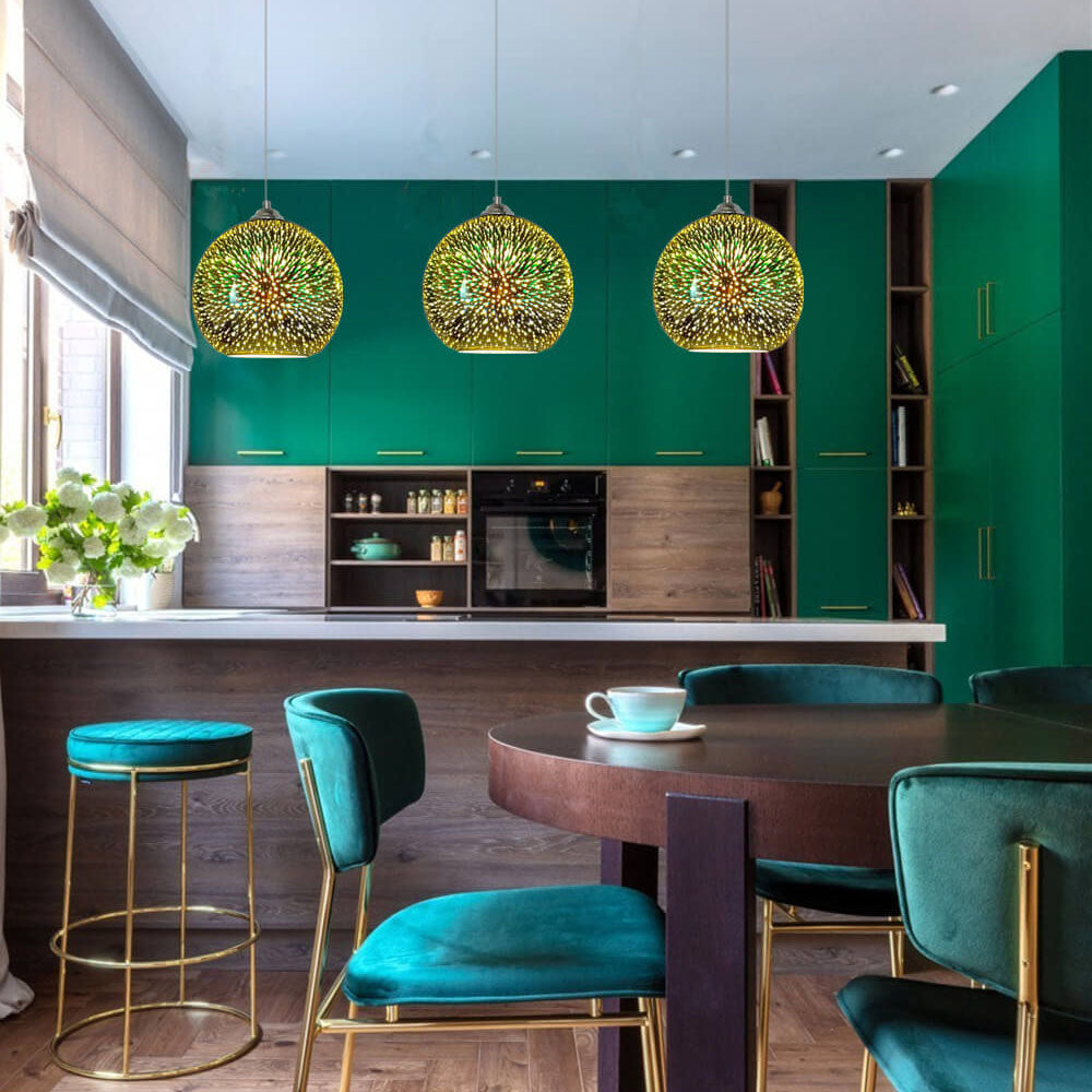 Wielokolorowa lampa wisząca ze szkła 3D | Tworzy efekt fajerwerku | 1 źródło światła | Nowoczesny wystrój | Wysokiej jakości szkło i metal | Gniazdo