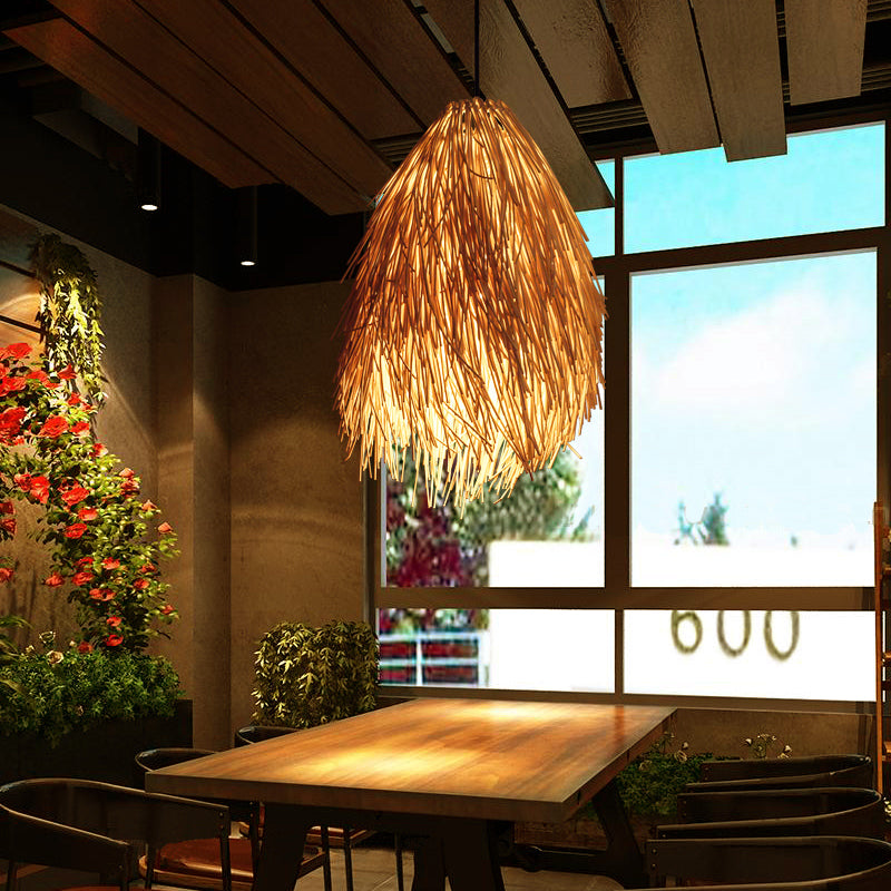 Lampa wisząca z wikliny | Azjatycki design | Kolor beżowy | Lampa wisząca 1-punktowa | Nadaje się do restauracji | Gniazdo E26/E27 | Kompatybilna z