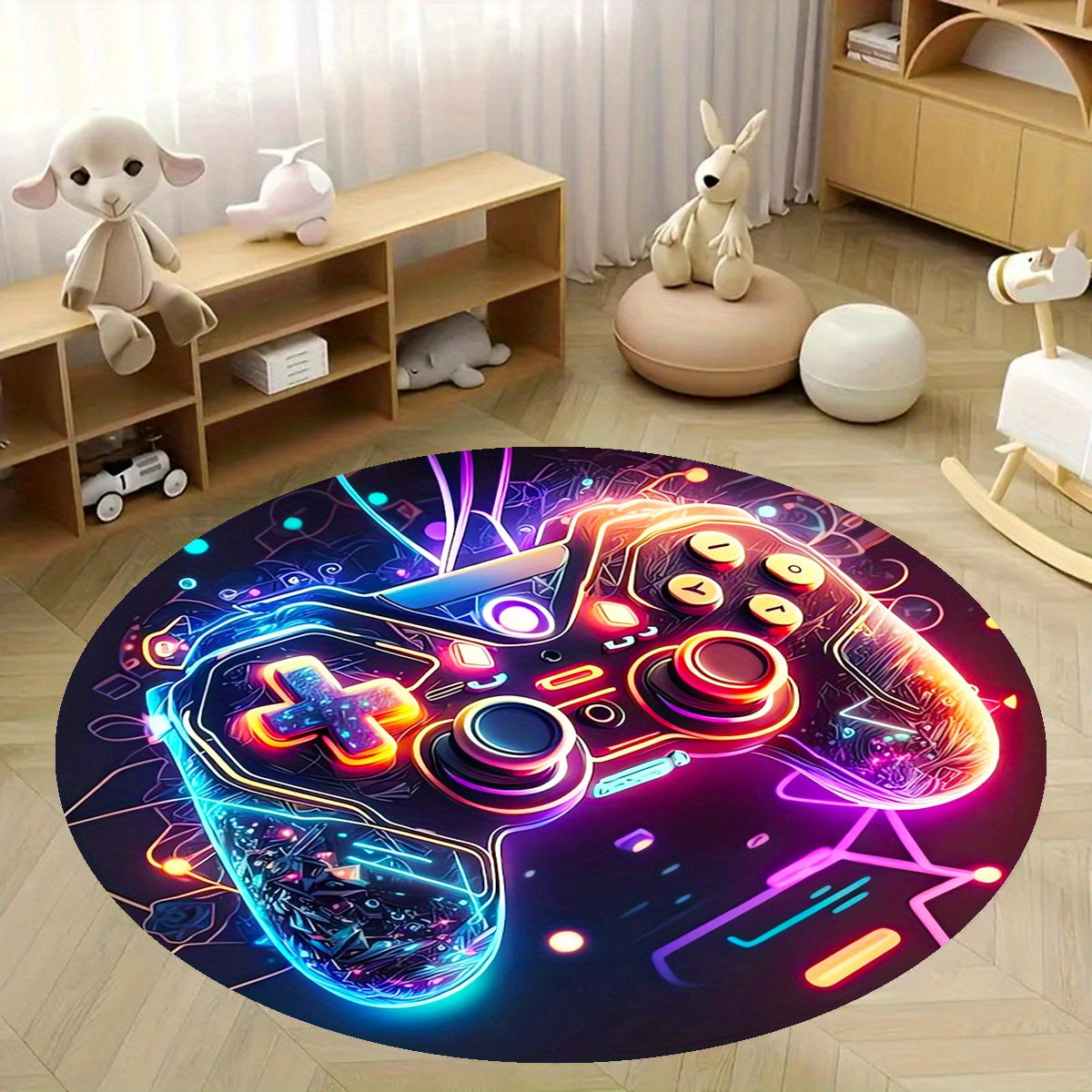 GameLuxe Tæppe | Rundt Krystalsammet | Gaming Design | PlayStation Fan | Blødt & Luksuriøst | Polyester | Slidstærkt & Vaskbart | Perfekt til Spilrum & Stuer | Unik Stil