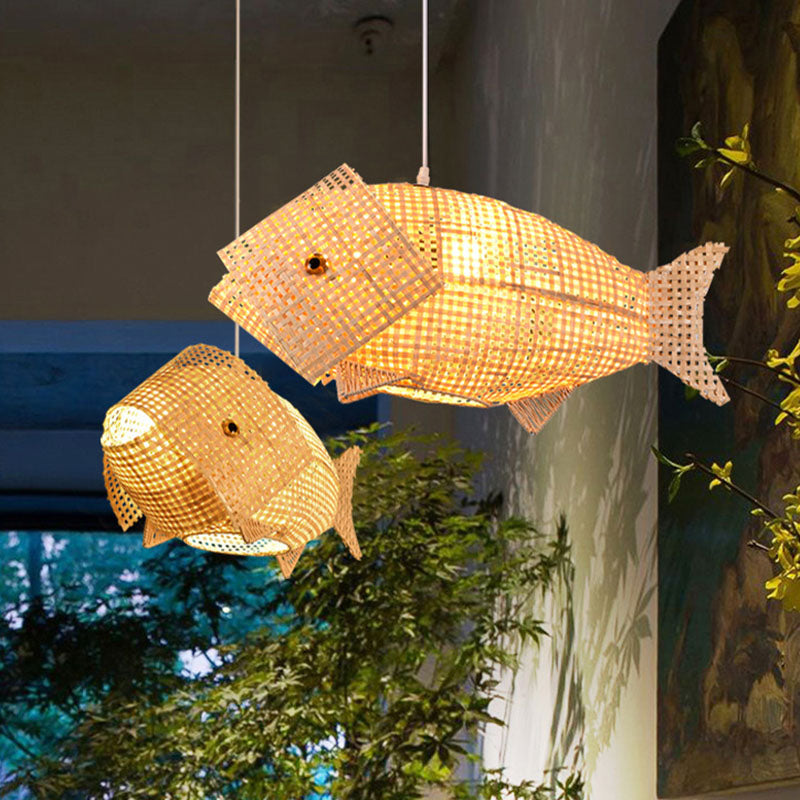 BambooFish | Lampe suspendue d'inspiration asiatique | Design en rotin et bois | Ø45 cm | Pour salles à manger et restaurants | Couleur naturelle