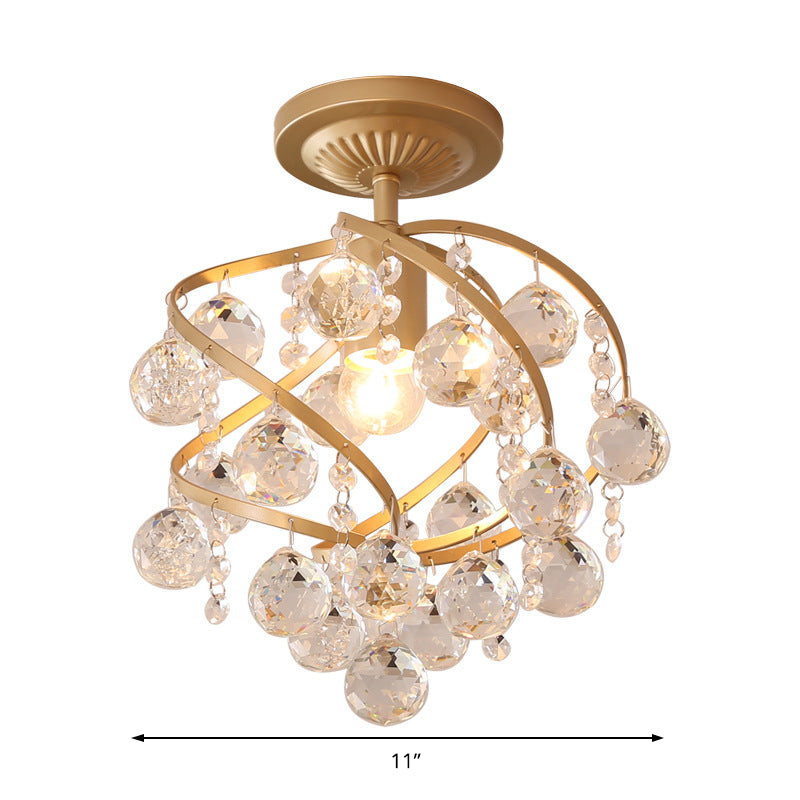Lampe de loft en laiton | Design en spirale avec boule en cristal | Style postmoderne à 1 lumière | Montage semi-encastré élégant | Matériaux de