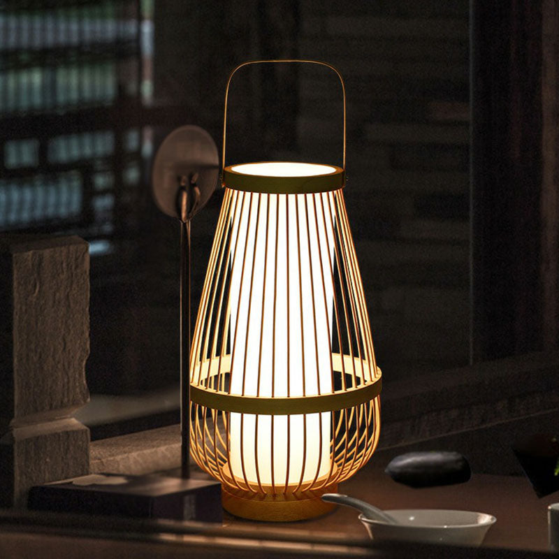 Kurvet lampe en bambou naturel | Design en bois oriental | Parfait pour chambre et salon | Abat-jour beige | Compatible LED | Éclairage décoratif