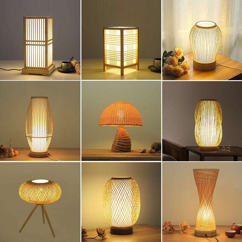 Modern bordsbelysning | Bambu och trä | Naturlig elegans | Orientalisk stil | Justerbar höjd | LED-kompatibel | Perfekt för sovrum och vardagsrum | Beige skärm | Slitstarka material