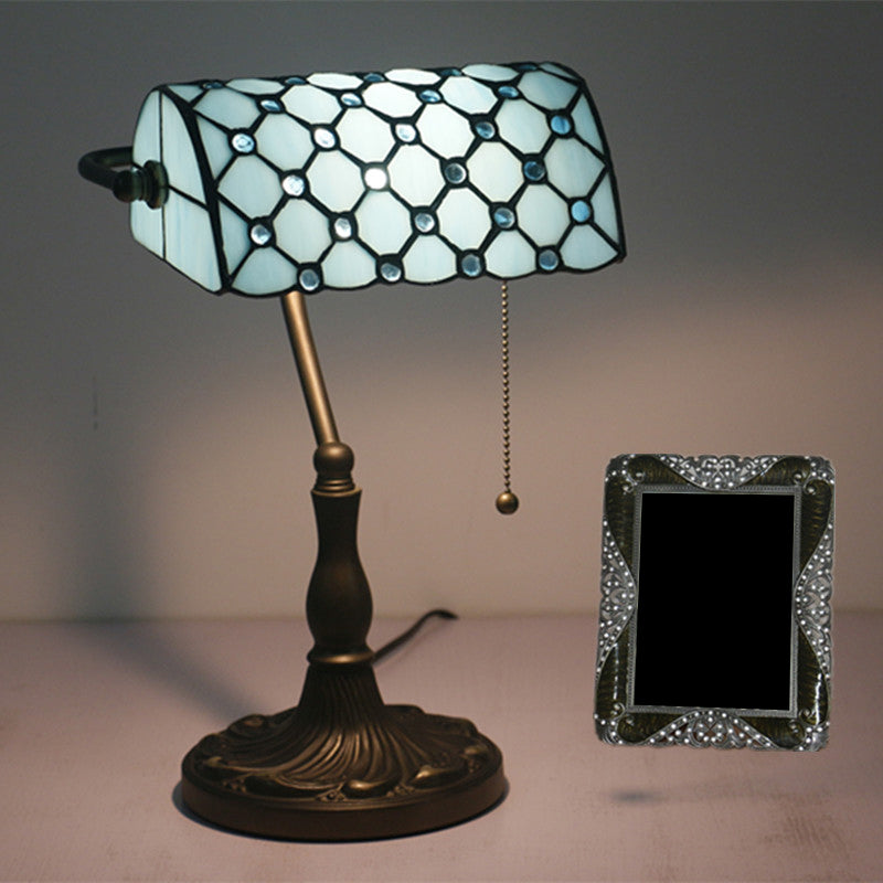 Lampe de table vintage demi-cylindrique | Finition antique | Chaîne à tirer | Design en verre métallique | Compatibilité LED/à