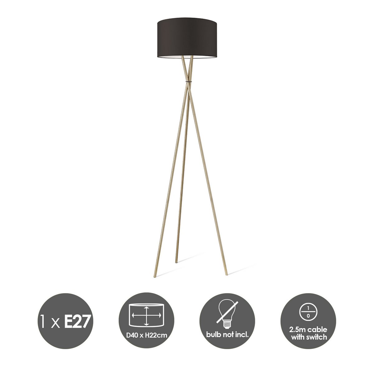 Messingstativ | Schokoladenfarbener Stoffschirm | 166 cm hohe Lampe | E27 LED kompatibel | Modernistisches Design | Home Sweet