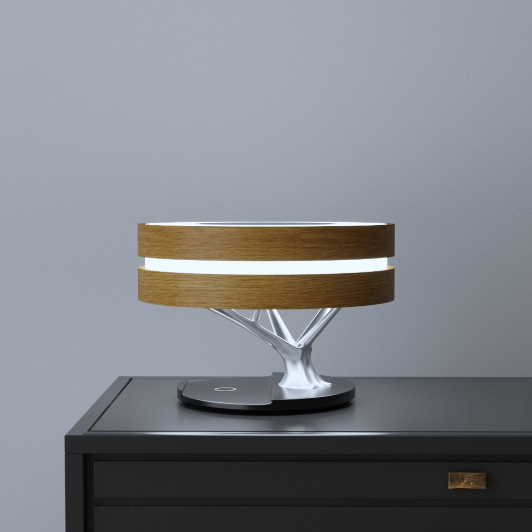 Lampe de bord LED | Design rond en bois | Haut-parleur Bluetooth intégré | Charge sans fil | Luminoir | Éclairage moderne