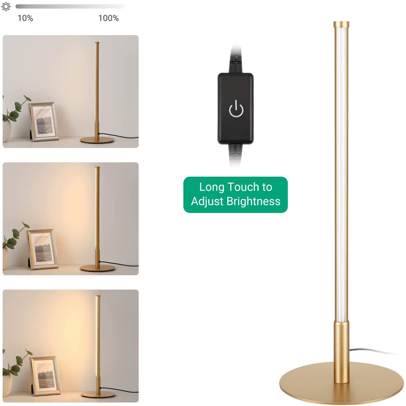 Lampe de table dorée minimaliste | Lumière LED | Contrôle tactile | Températures de couleur réglables | Dimmable 6W | Design moderne | Économe en