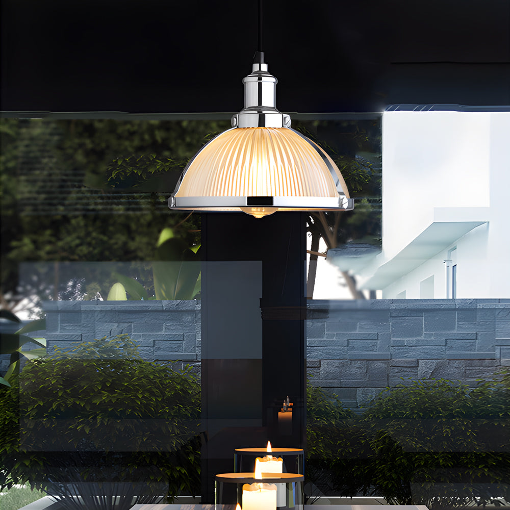 Retro pendellampe | Stribet glasskærm | 40W wolframtråd | Justerbar ophæng | Chrome & Bronze | Ø 26 cm x H 21 cm | Moderne og vintage design