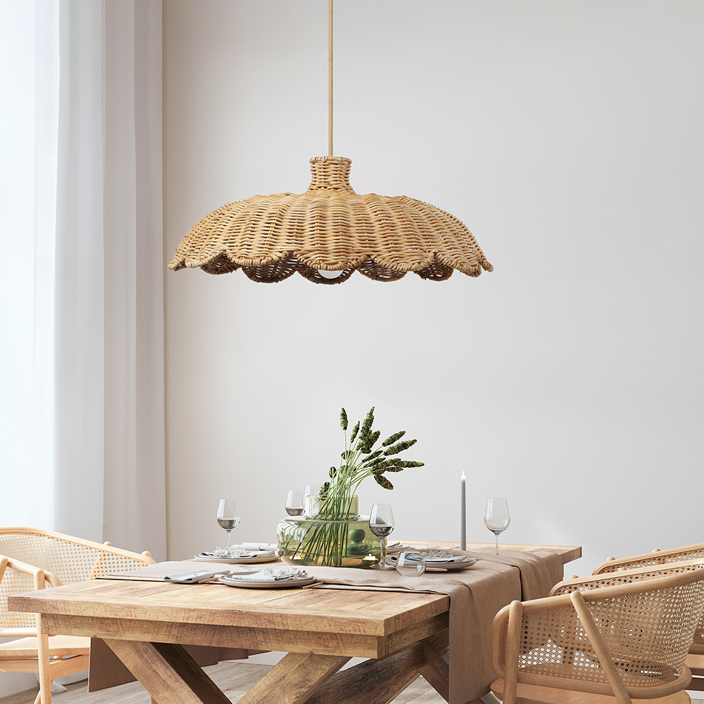 Rattan-gewebte Hängeleuchte | Boheme Design | E27 Lichtquelle | Natürliche Holzoberfläche | Modernes Interieur | 150 cm verstellbares Kabel | 60W