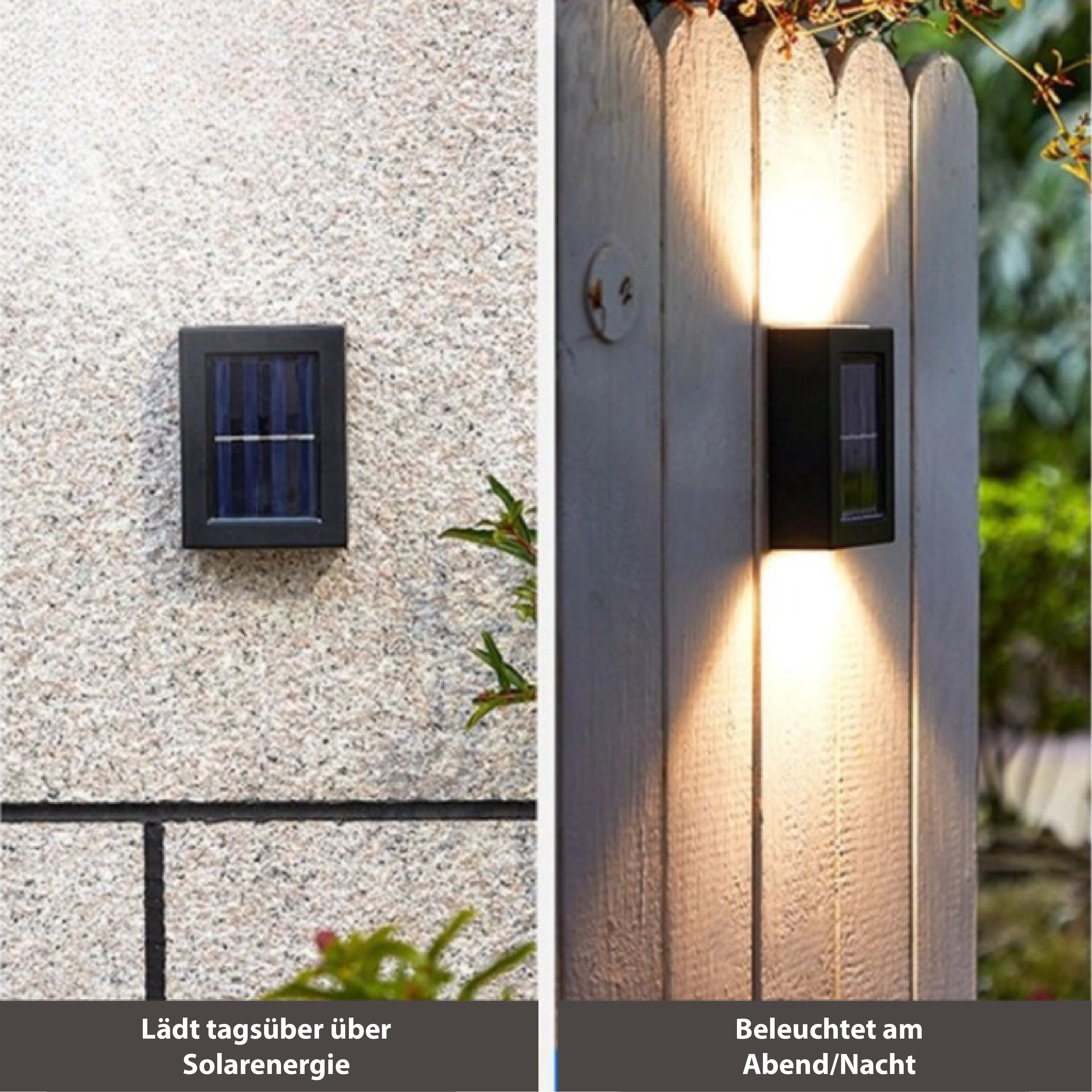 LED-væglampe solcelledrevet | Trådløs udendørsbelysning | Atmosfærisk belysning | Vandtæt IP65 | Automatisk tænd/sluk | Energibesparende | Lange lysperioder | Ingen ledninger | Terrasse og have |