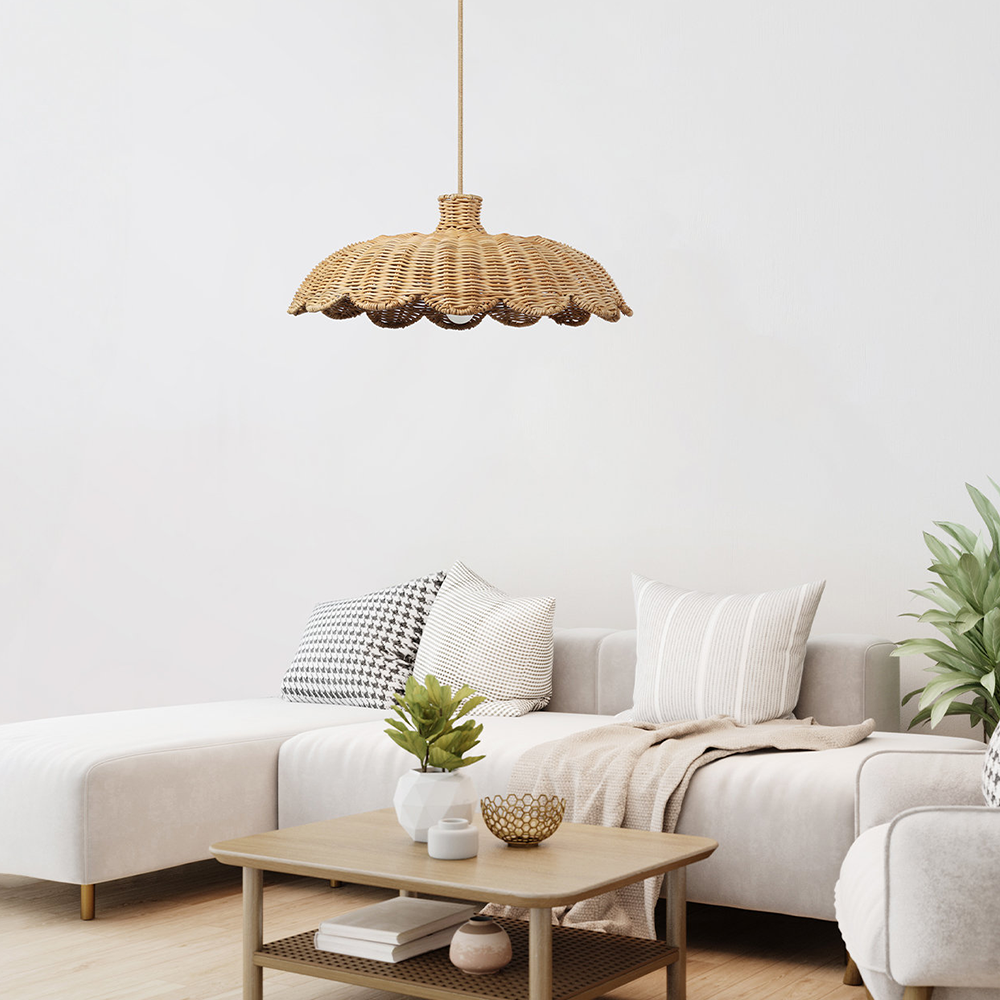 Rattan-gewebte Hängeleuchte | Boheme Design | E27 Lichtquelle | Natürliche Holzoberfläche | Modernes Interieur | 150 cm verstellbares Kabel | 60W