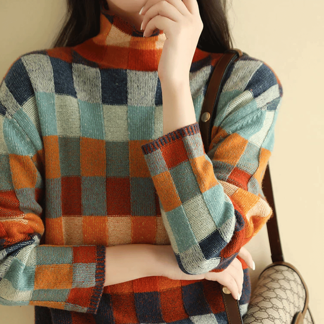 Chelsea Mongolsk Cashmere | Farverigt Patchworkmønster | Blød Rullekrave Sweater | Ultraluksus & Komfort | Damemode Trøje |