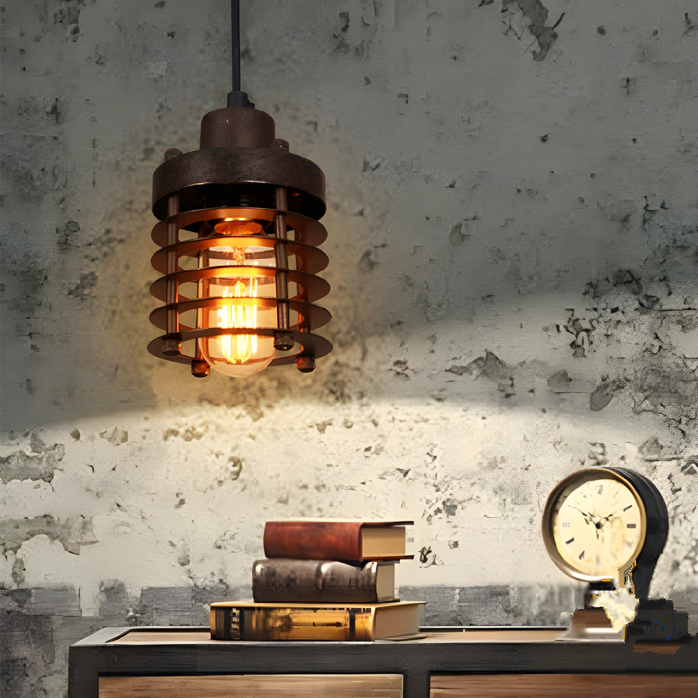 Lampe suspendue rétro industrielle | Design cage en métal | Noir & couleur rouille | Douille E27 | 40W | 3000K lumière chaude | Cuisine & café salon