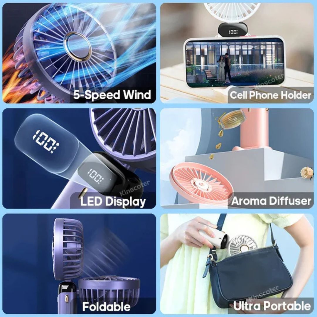 Mini bærbar ventilator | Genopladelig med Type-C | 5 hastigheder | 5000mAh batteri | Tyst og justerbar | LED-skærm | Perfekt til hjem, kontor og rejser | Kompakt og kraftfuld | Flere farver tilgængelige