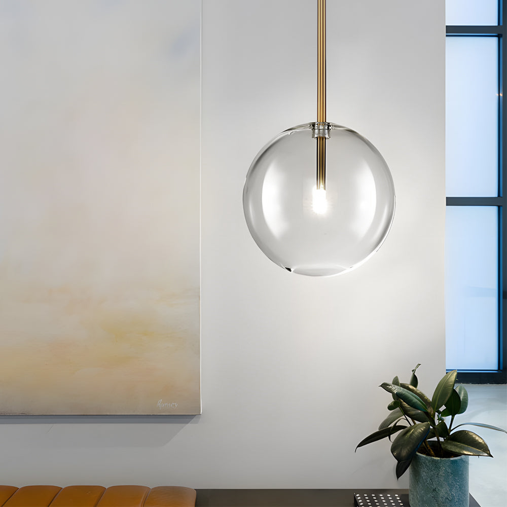 Suspension en verre clair | Design moderne minimaliste | Hauteur réglable | Source lumineuse LED intégrée | Tige en fer galvanisé bronze doré