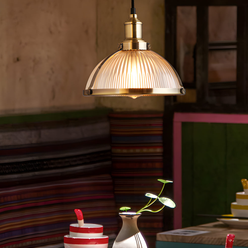 Lampe suspendue rétro | Abat-jour en verre rayé | Filament tungstène 40W | Suspension réglable | Chrome & bronze | Ø 26 cm x H 21 cm | Design moderne