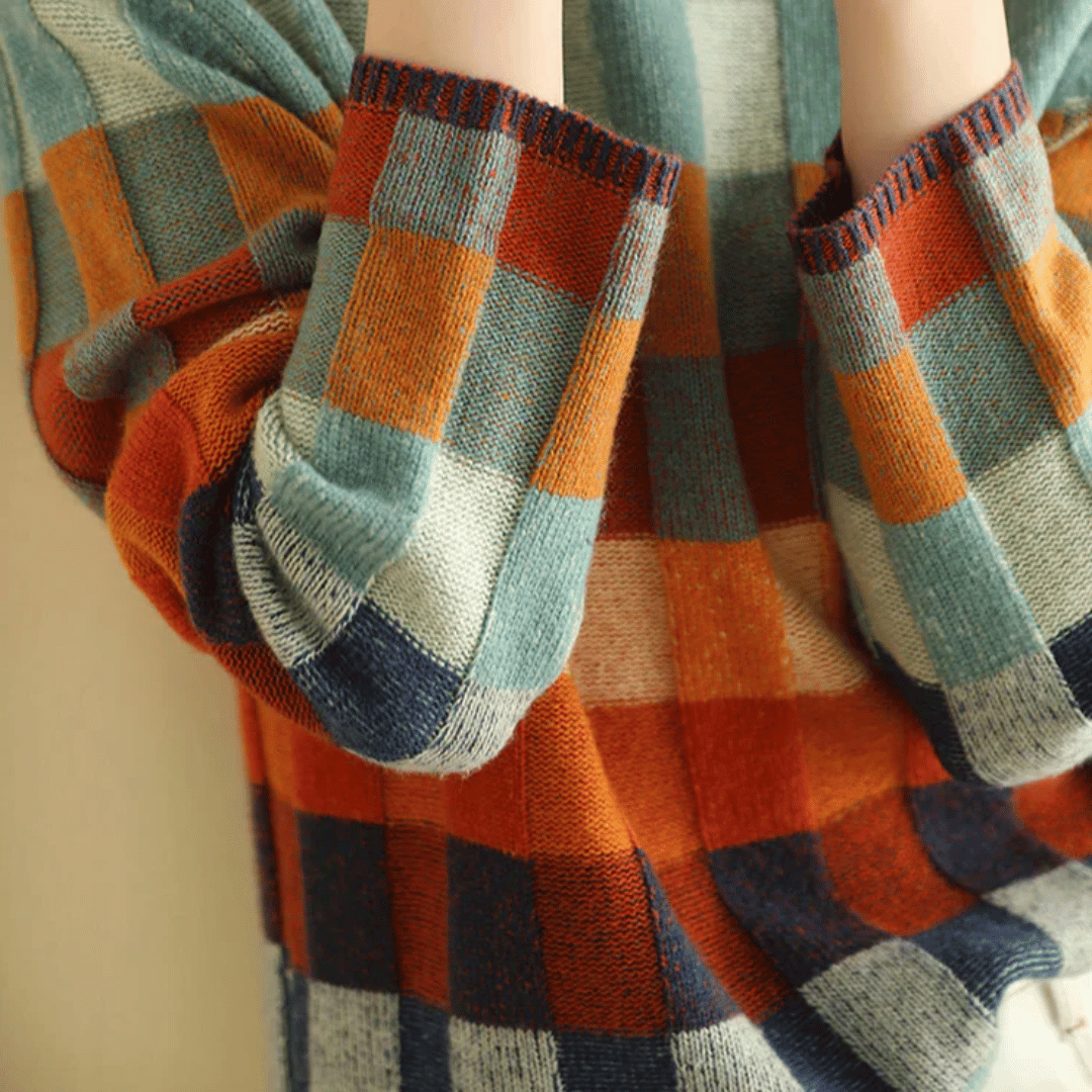Chelsea Mongolsk Cashmere | Farverigt Patchworkmønster | Blød Rullekrave Sweater | Ultraluksus & Komfort | Damemode Trøje |
