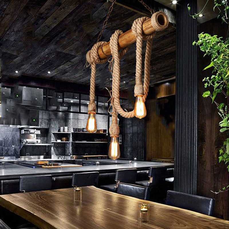 Lampe de plafond ajustable | Bambou et design en corde | Éclairage industriel moderne | Finition naturelle beige | Parfait pour îlot de cuisine et