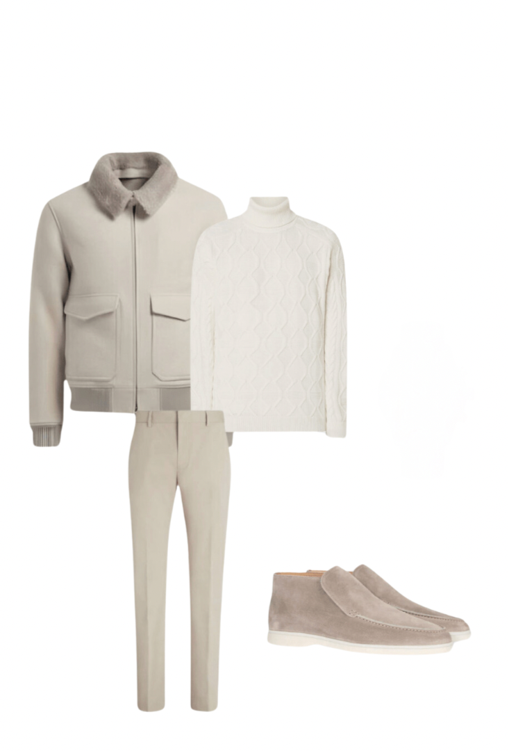 Puento Fortade | Vinteroutfit til mænd | Jakke & Sweater i Merinould | Slanke Bukser i Bomuld/Uld | Høje Ruskindsloafers i Beige/Hvid