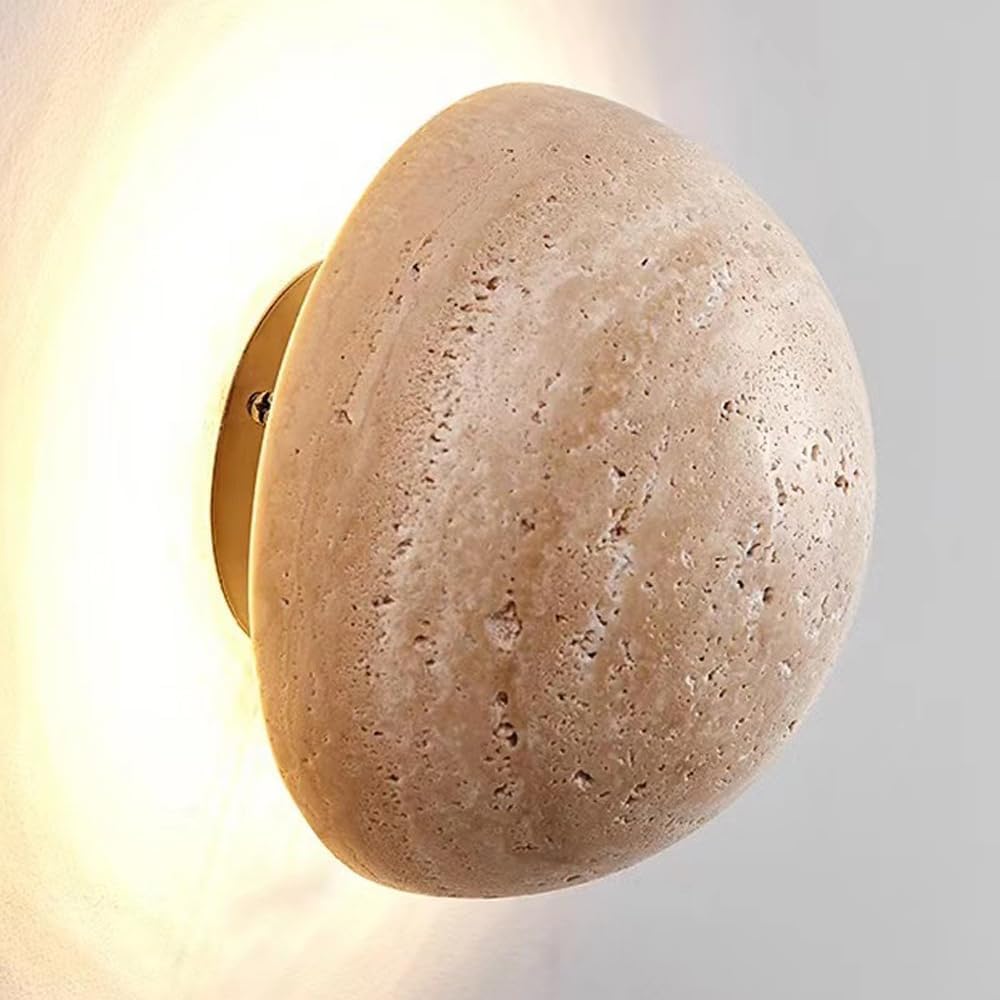 Anais stenlampa | Sfärisk | Minimalistisk vägglampa | Naturlig travertin | Diffus belysning | Diameter 15 cm | Perfekt för entré, vardagsrum, sovrum | Elegant och hållbar design | Luminoir