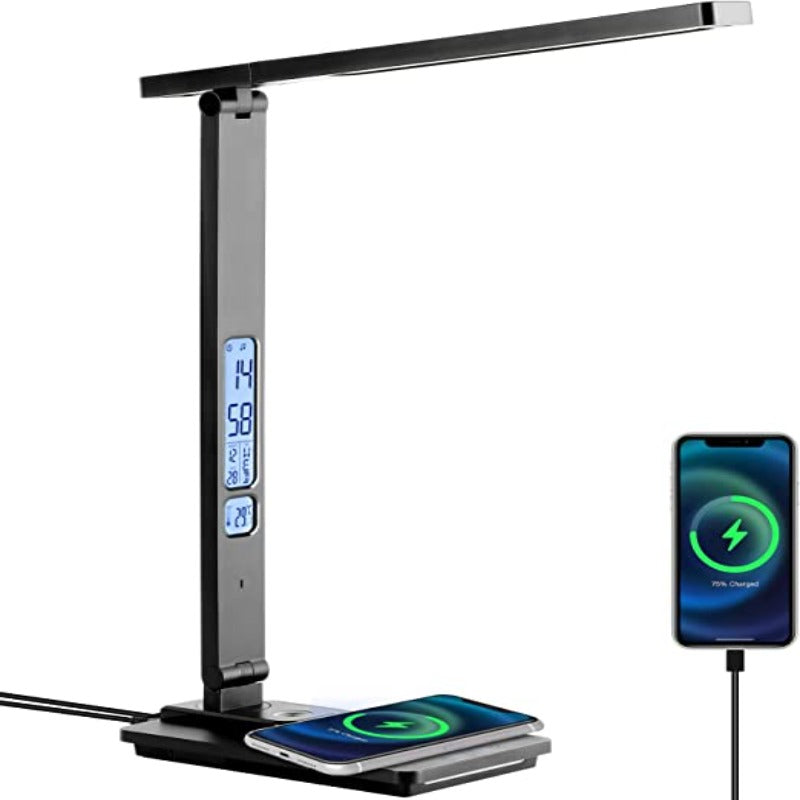 Lampe de bureau LED avec charge sans fil | Port USB | Contrôle tactile | Luminosité réglable | Noir Pro 6.0 | Bras pliable flexible | Écran