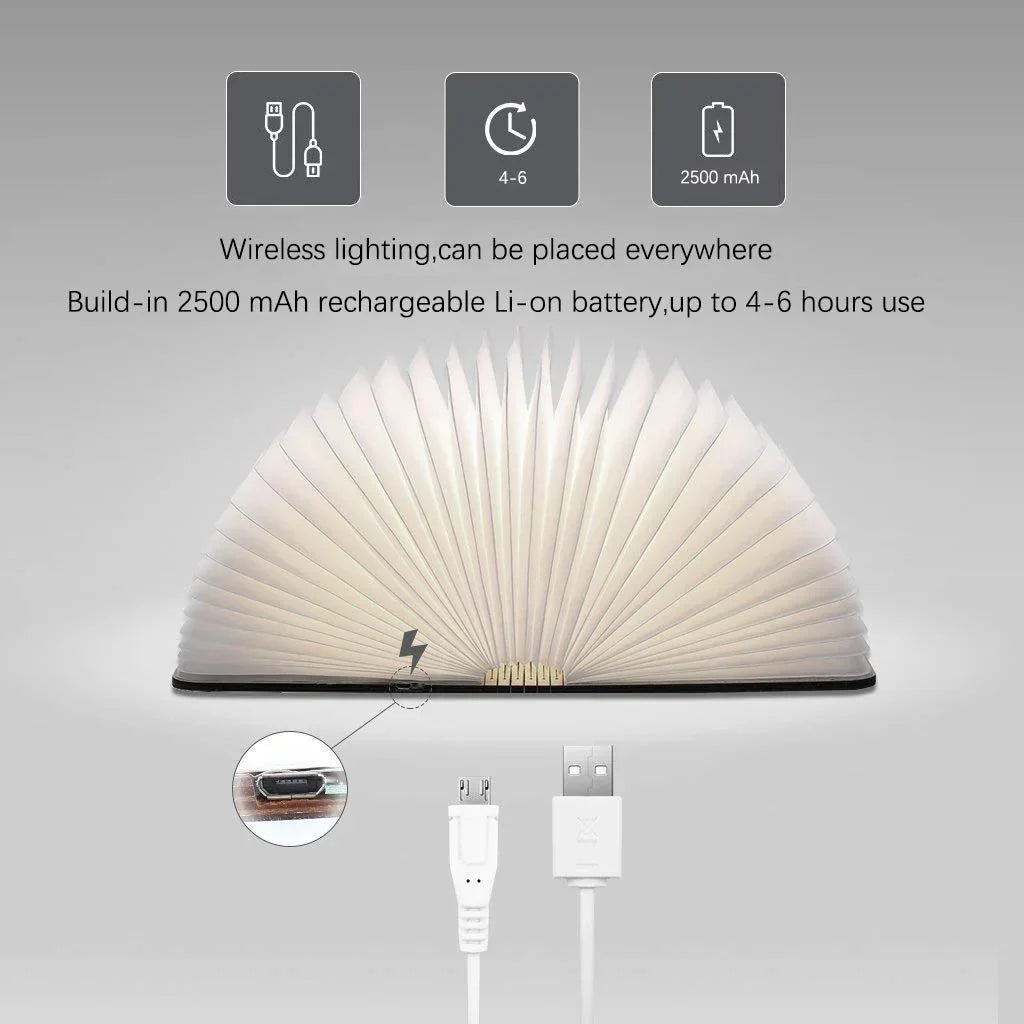 LED Lampe | Fortryllende Design | Åben Bog Form | Sensorstyring | Brun | Genopladelig | USB | CE Certificeret