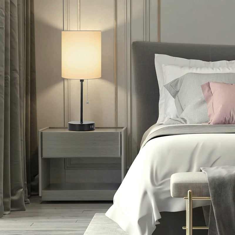 Set | 2 Moderne Tischlampen | Graue Schirme | USB-Ladung | AC-Stecker | Zugschalter