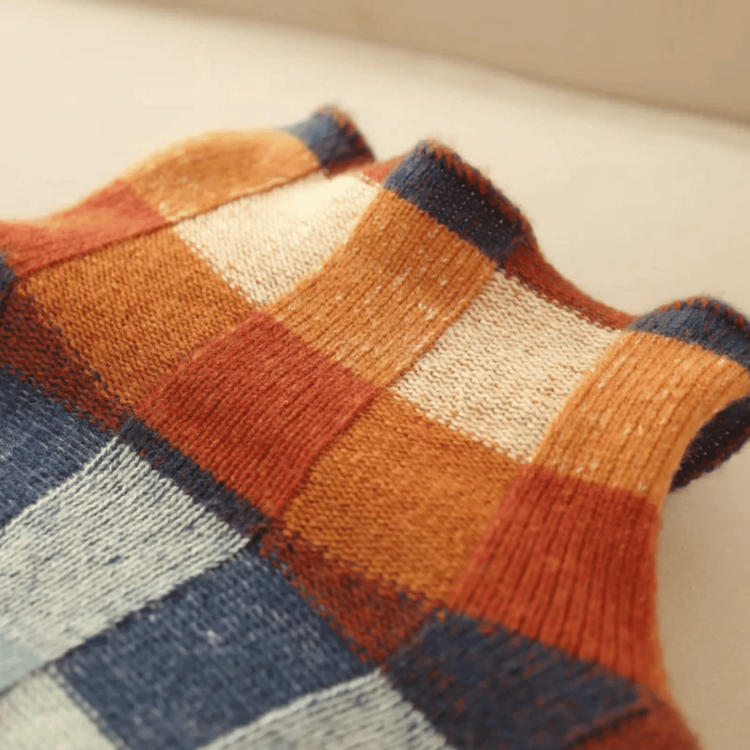 Chelsea Mongolsk Cashmere | Farverigt Patchworkmønster | Blød Rullekrave Sweater | Ultraluksus & Komfort | Damemode Trøje |