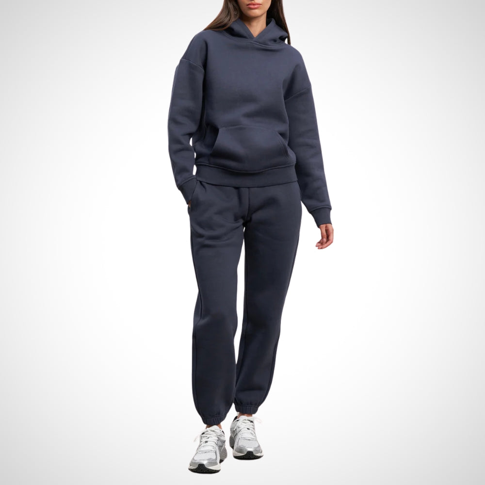 Urban Jogger Set til kvinder | Blød bomuldstræningsdragt med hoodie og joggingbukser | Justerbar hætte & kængurulomme | Elastisk taljebånd & sidelommer | Fås i trendy farver | Alsidig aktivbeklædning