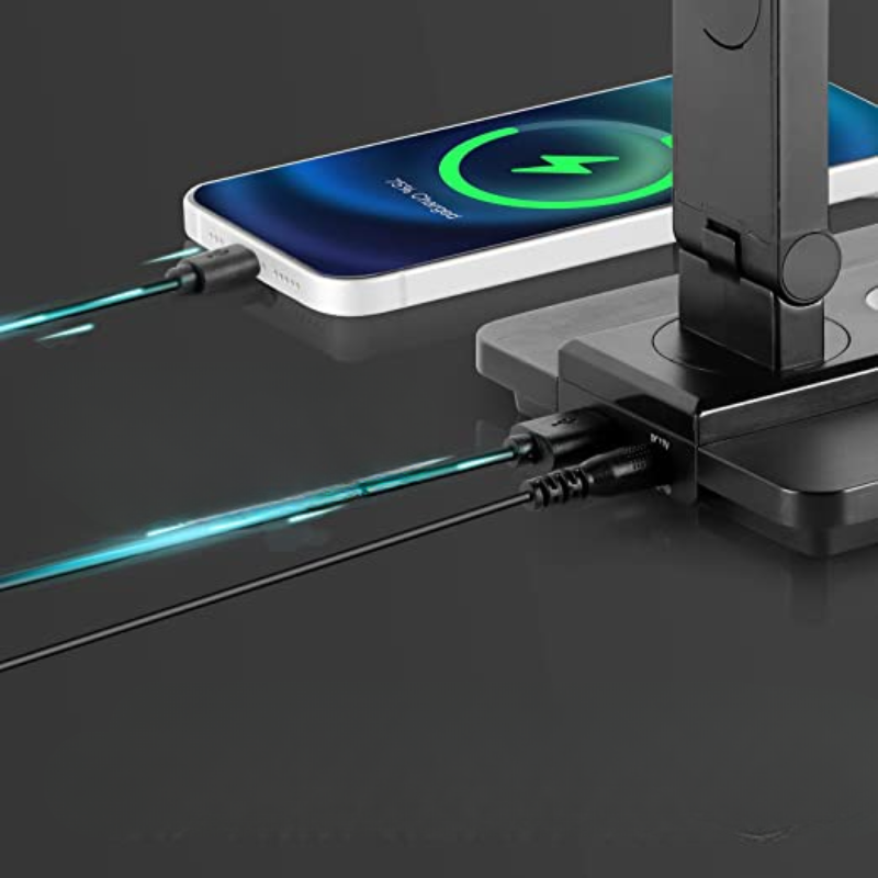 Lampe de bureau LED avec charge sans fil | Port USB | Contrôle tactile | Luminosité réglable | Noir Pro 6.0 | Bras pliable flexible | Écran