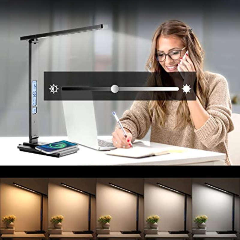 Lampe de bureau LED avec charge sans fil | Port USB | Contrôle tactile | Luminosité réglable | Noir Pro 6.0 | Bras pliable flexible | Écran