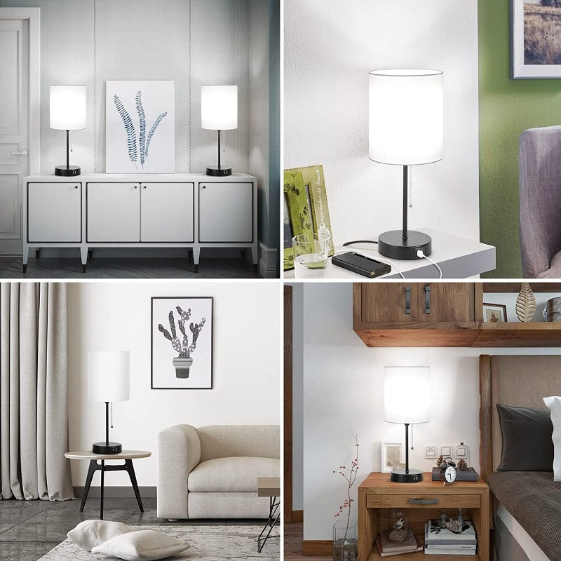 Set | 2 Moderne Tischlampen | Graue Schirme | USB-Ladung | AC-Stecker | Zugschalter