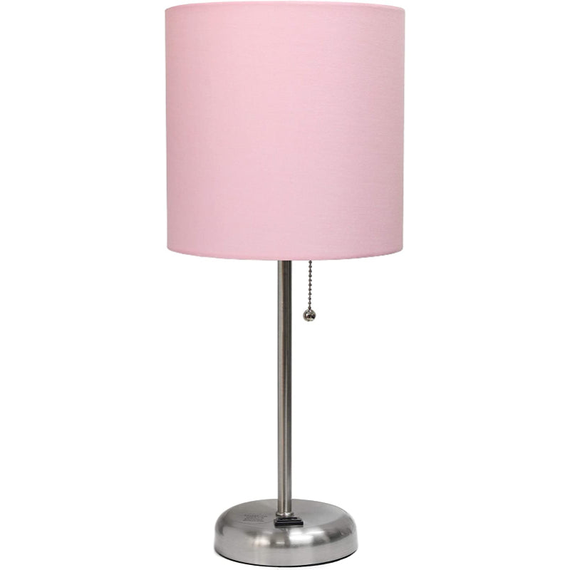 Prise de charge Stick Lampe de table | Abat-jour en tissu moderne | Fonction de chargement | Hauteur 49,5 cm | Diamètre 21,6 cm | Acier brossé /