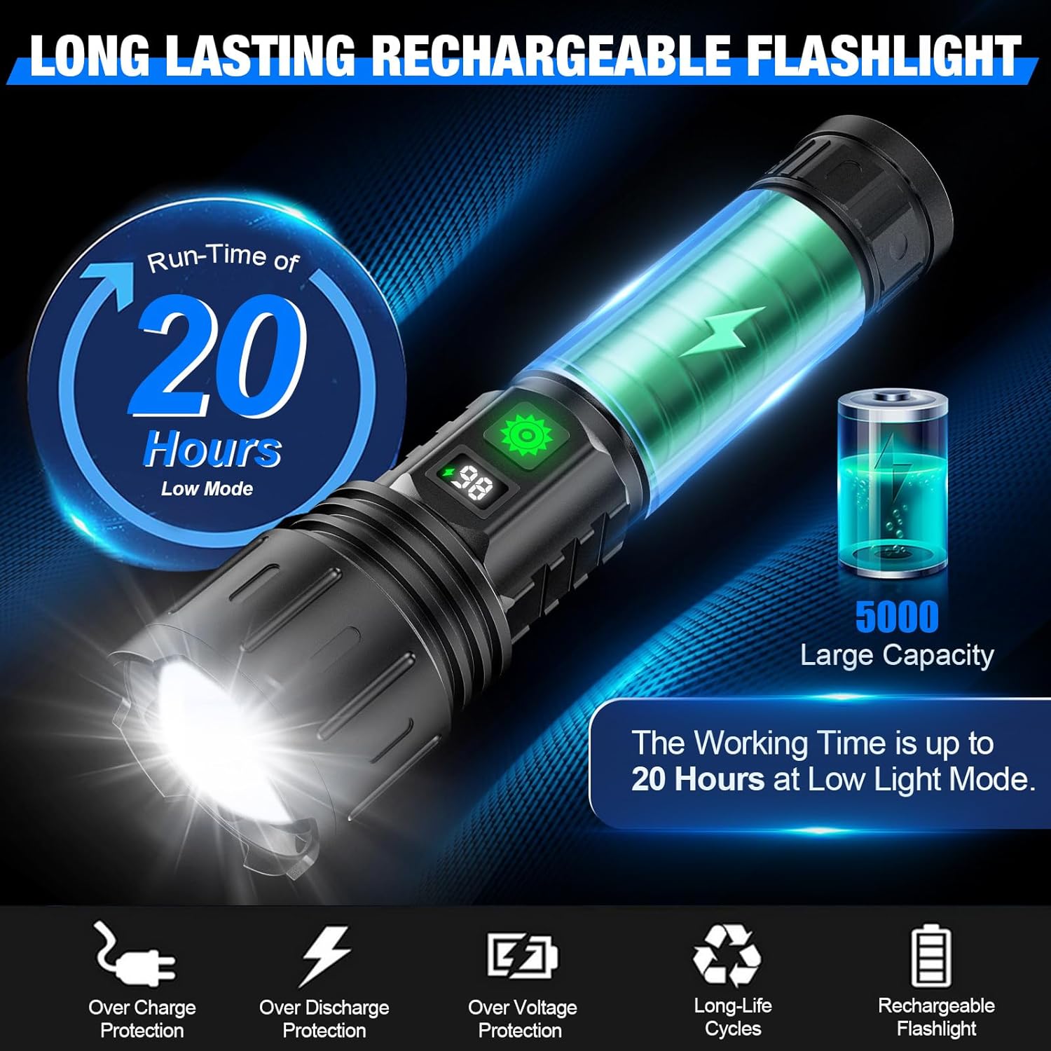 100000 Lumen | Ultrabright Taktisk LED | LCD-Display | Powerbank Funktion | 5 Lysindstillinger | Type-C USB | IPX5 Vandtæt | Aluminium Konstruktion | 20 Timer Batteritid | 1000 Meter Rækkevidde
