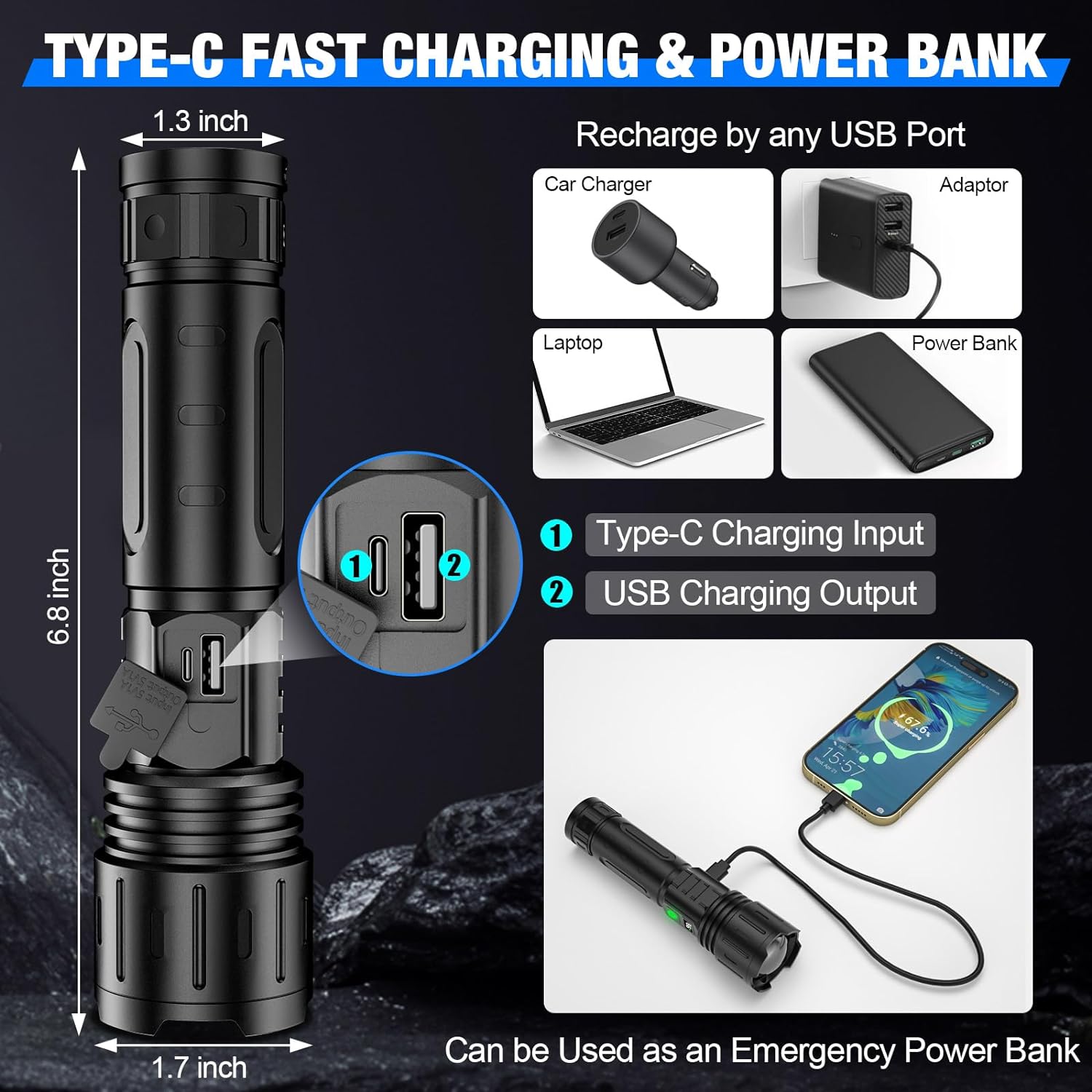 100000 Lumen | Ultrabright Taktisk LED | LCD-Display | Powerbank Funktion | 5 Lysindstillinger | Type-C USB | IPX5 Vandtæt | Aluminium Konstruktion | 20 Timer Batteritid | 1000 Meter Rækkevidde
