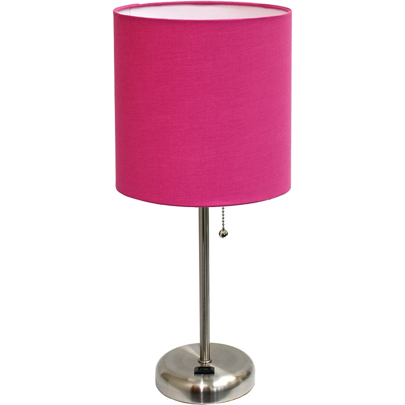 Prise de charge Stick Lampe de table | Abat-jour en tissu moderne | Fonction de chargement | Hauteur 49,5 cm | Diamètre 21,6 cm | Acier brossé /