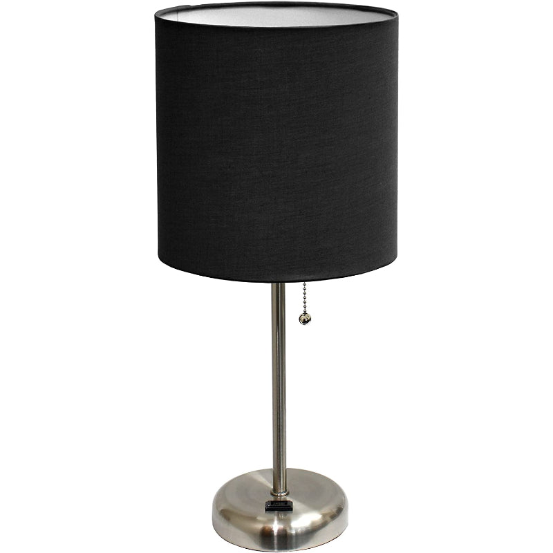Prise de charge Stick Lampe de table | Abat-jour en tissu moderne | Fonction de chargement | Hauteur 49,5 cm | Diamètre 21,6 cm | Acier brossé /