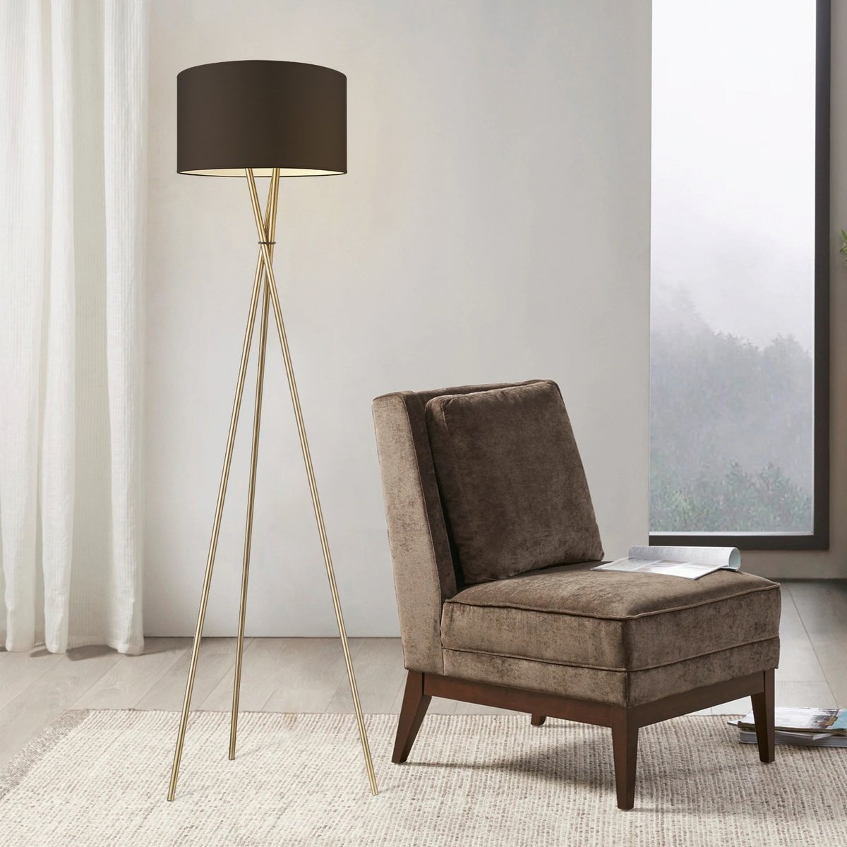 Messingstativ | Schokoladenfarbener Stoffschirm | 166 cm hohe Lampe | E27 LED kompatibel | Modernistisches Design | Home Sweet