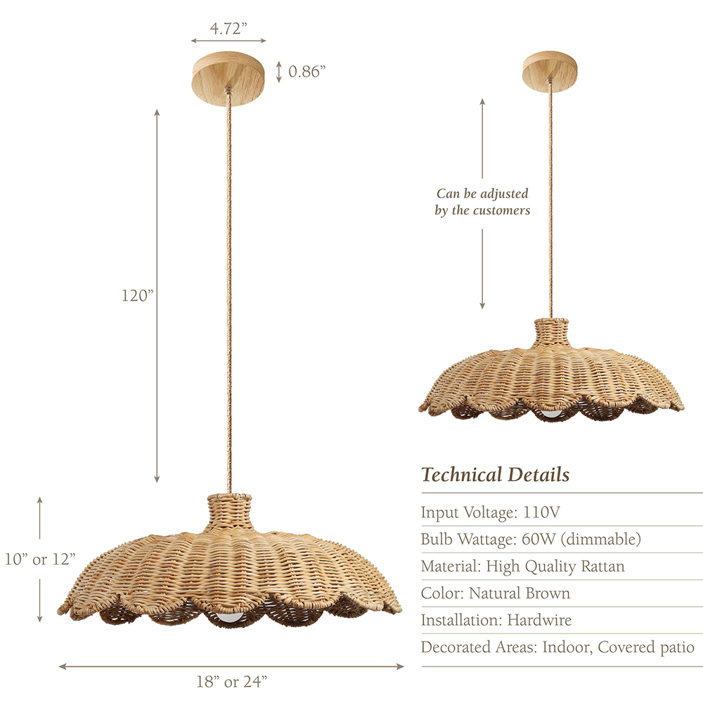 Rattan-gewebte Hängeleuchte | Boheme Design | E27 Lichtquelle | Natürliche Holzoberfläche | Modernes Interieur | 150 cm verstellbares Kabel | 60W