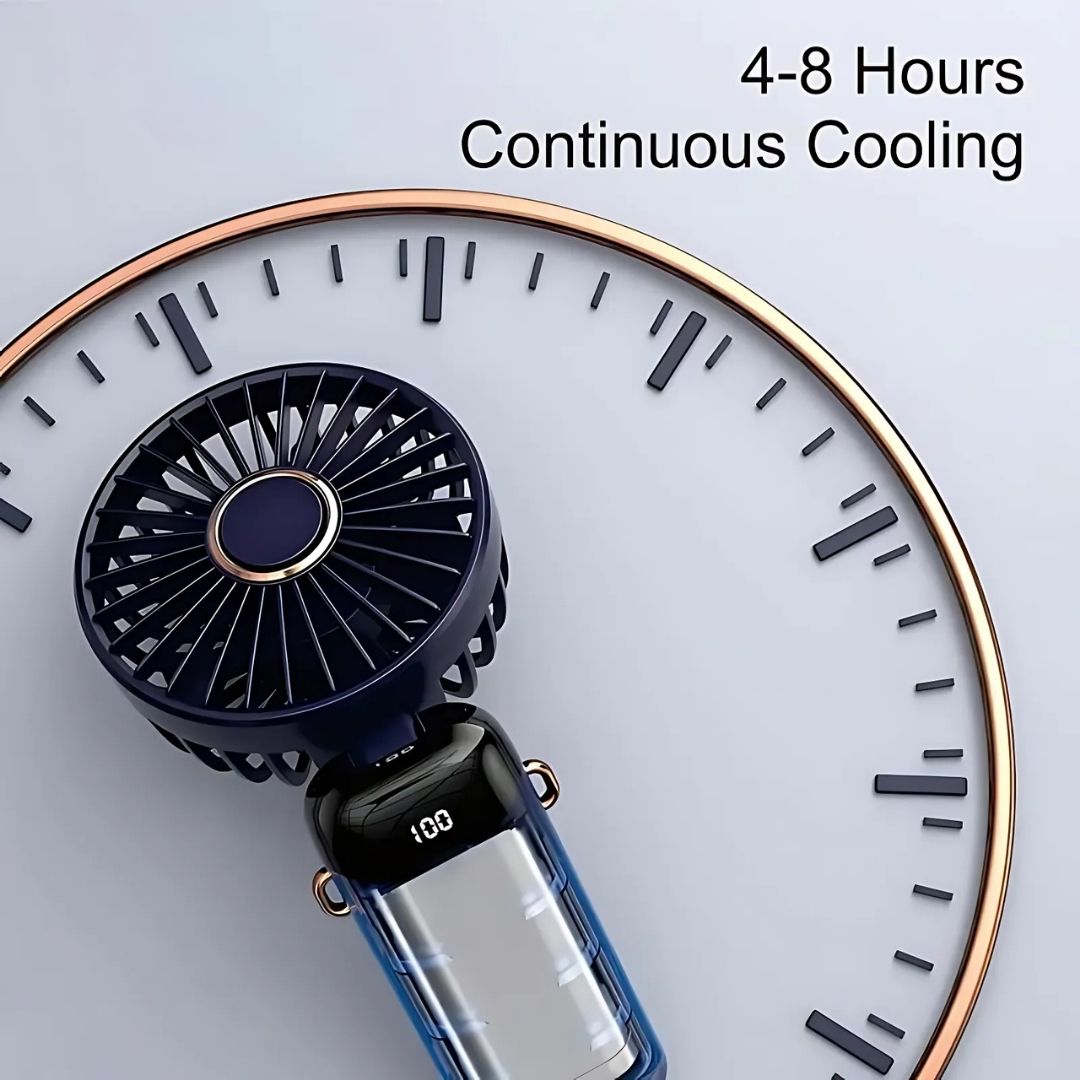 Mini bærbar ventilator | Genopladelig med Type-C | 5 hastigheder | 5000mAh batteri | Tyst og justerbar | LED-skærm | Perfekt til hjem, kontor og rejser | Kompakt og kraftfuld | Flere farver tilgængelige