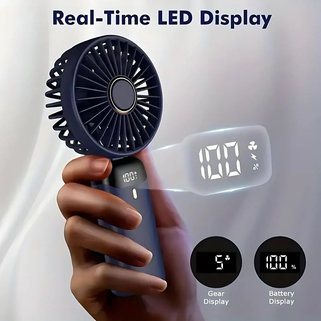 Mini bærbar ventilator | Genopladelig med Type-C | 5 hastigheder | 5000mAh batteri | Tyst og justerbar | LED-skærm | Perfekt til hjem, kontor og rejser | Kompakt og kraftfuld | Flere farver tilgængelige