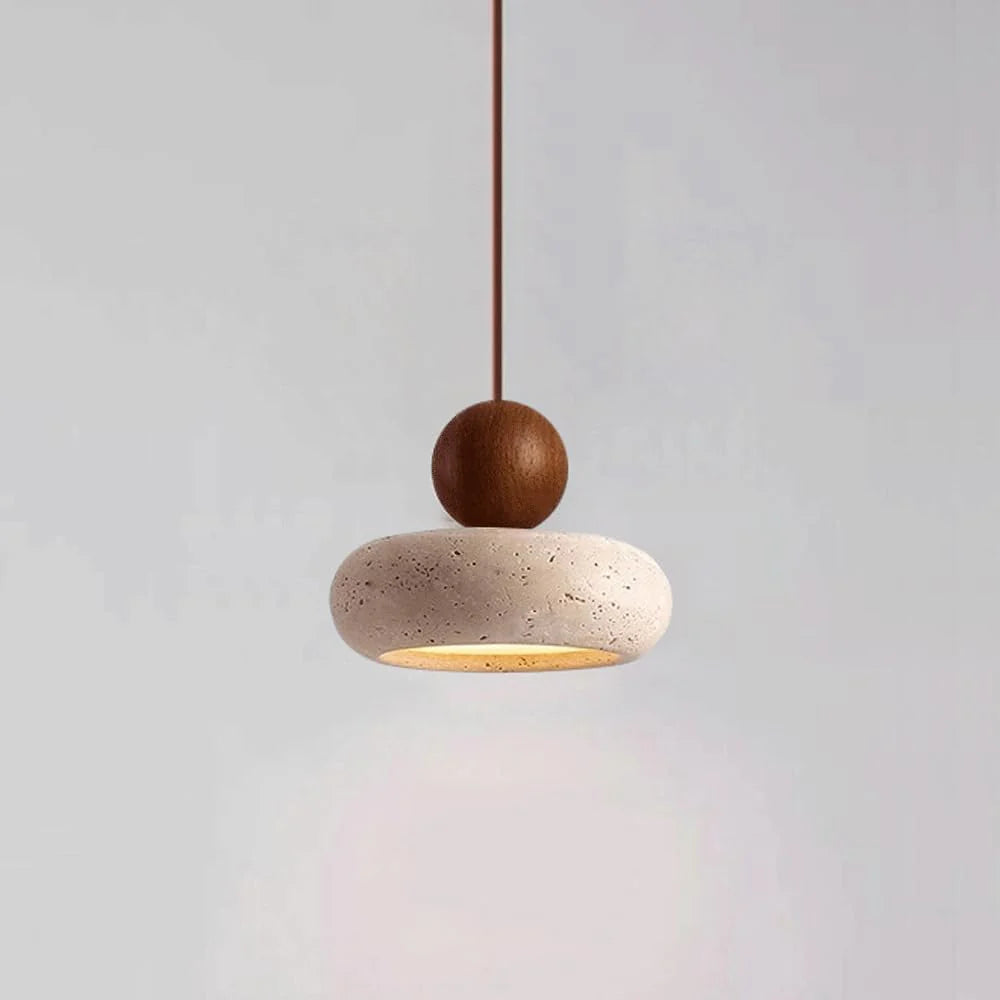 Alvione Bauhaus Lampe | Natursten Travertin | Moderne Design | LED Lys | Træbase | Varm Belysning