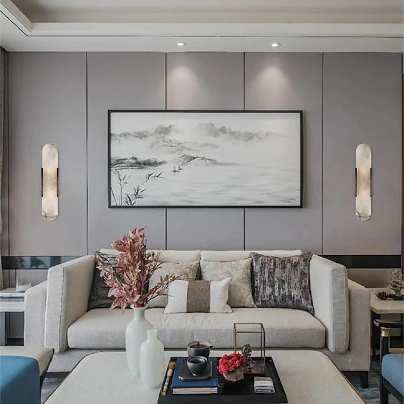 Chan LED Væglampe | Elegant Sort/Guld Design | Metal & Dolomit Materiale | Perfekt til Spisestue/Soveværelse | Moderne & Luksuriøst