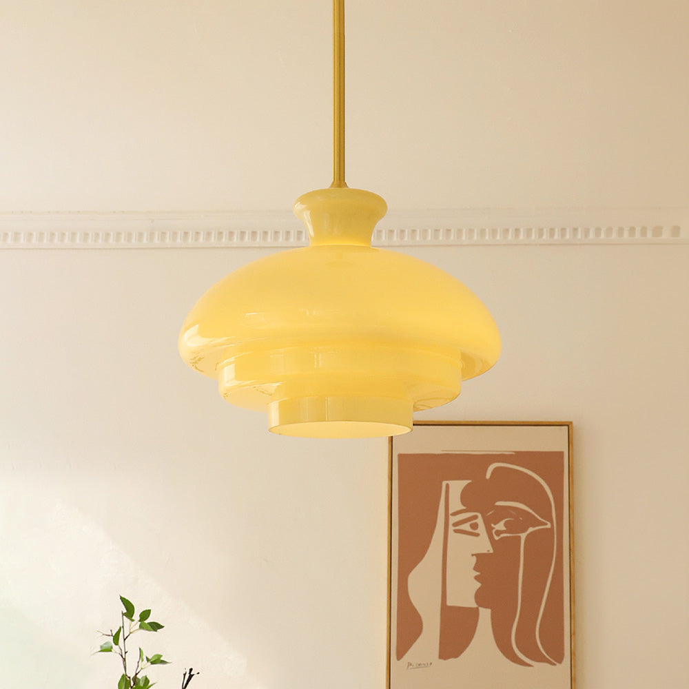 Suspension à trois couches inspirée du Bauhaus | Design en verre jaune | Élément lumineux rétro moderne | D40cm x H30cm | Pour salle à manger, salon,