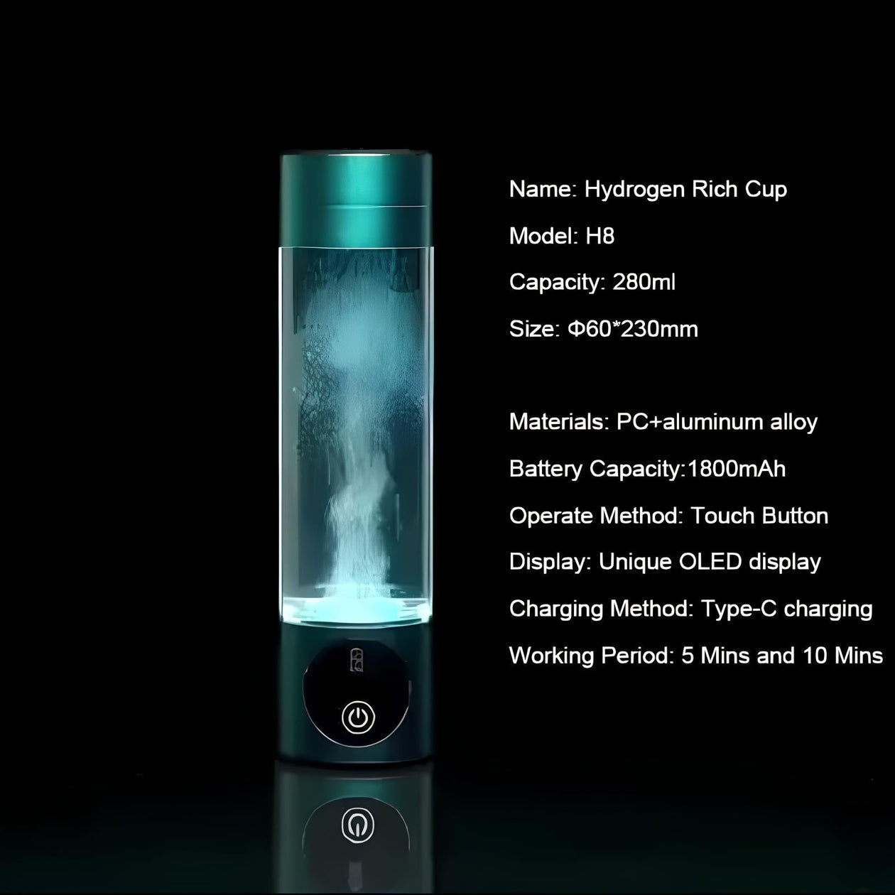 Avanceret Hydrogenvandflaske | SPE PEM Teknologi | Rechargeable | OLED Display | Antioxidant Effekt | Hjem & Rejser | Kompatibel Adapter | BPA-fri Materiale | Begræns Modstand | Molekylær Hydrering